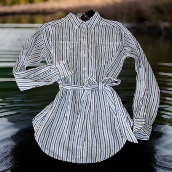 Lauren Ralph Lauren Women’s PS Striped BELTED‎ Linen Tunic Blouse Black Lable - Picture 6 of 8